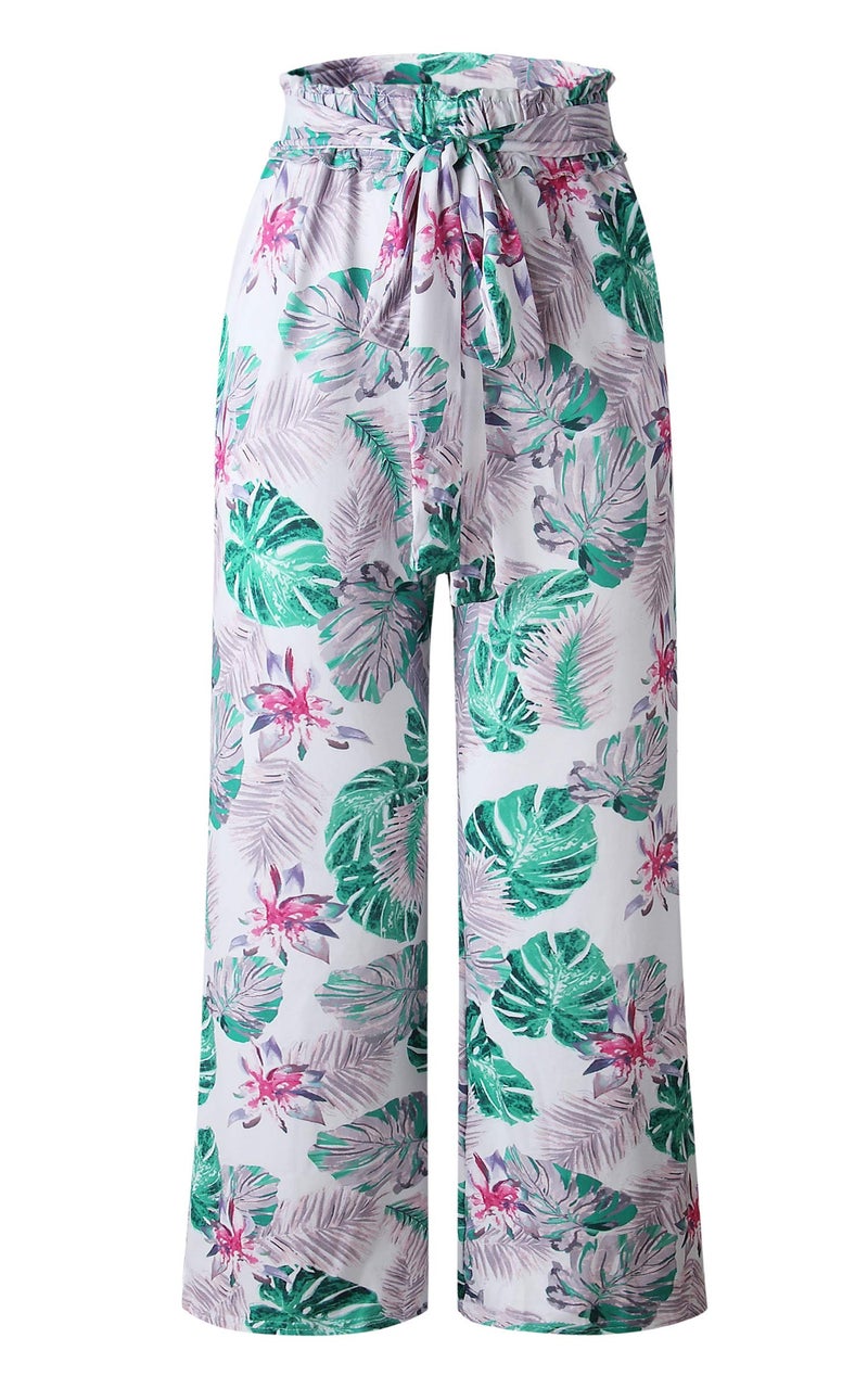 ECOWISH Wide Leg Pants for Women Summer 2024 Palazzo Tropical Floral Belted Casual Lightweight High Waist Flared Trousers with Pockets White Small - Image 5